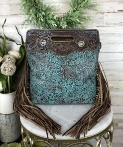 Myra Handbags & Wallets Teal Tooled Fringe Handbag