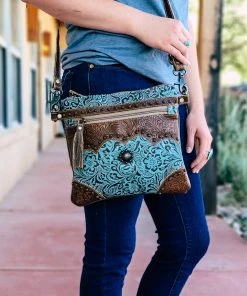 Myra Teal Tooled Leather Crossbody Handbag