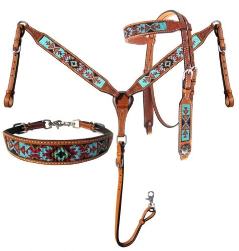 Shiloh Teal & Brown Beaded 3-Piece Headstall Set for Horses | Durable & Stylish 3 Shiloh Headstall Sets Teal & Brown Beaded 3 Piece Headstall Set