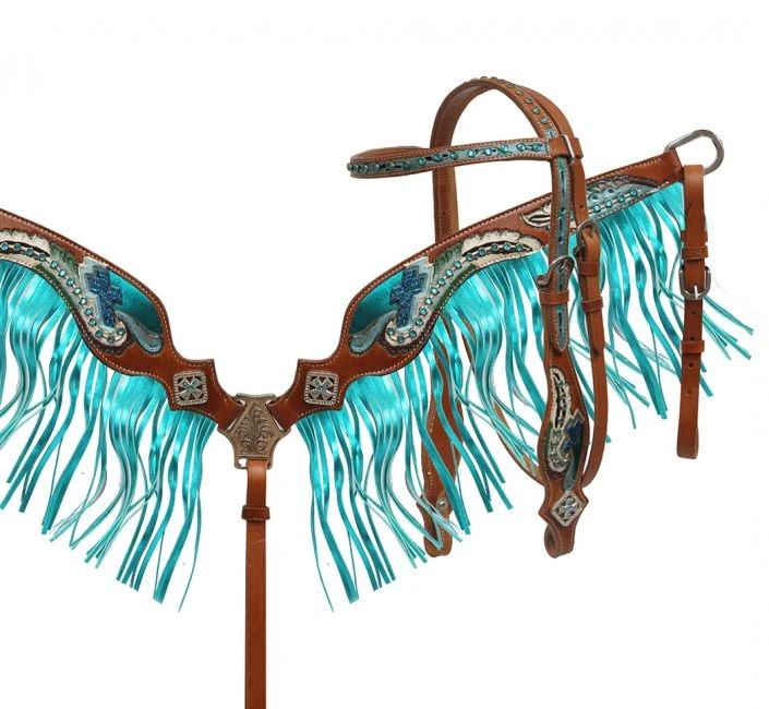 Shiloh Metallic Turquoise Fringe Headstall Set for Horses - Stylish & Durable 3 Shiloh Metallic Turquoise Fringe Headstall Set Headstall Sets