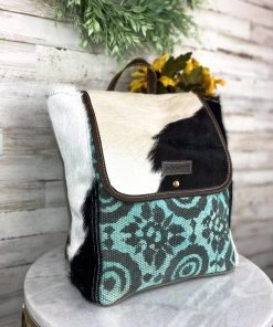 Sixtease Handbags & Wallets Teal Pattern Cowhide Backpack