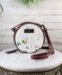 Sixtease Rainbow Splatter Cowhide Round Handbag