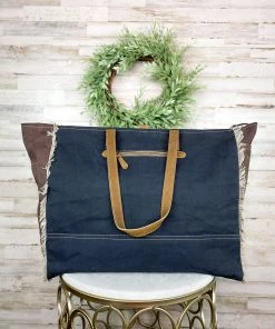 Myra Handbags & Wallets Black Cowhide & Ivory Floral Weekender Bag