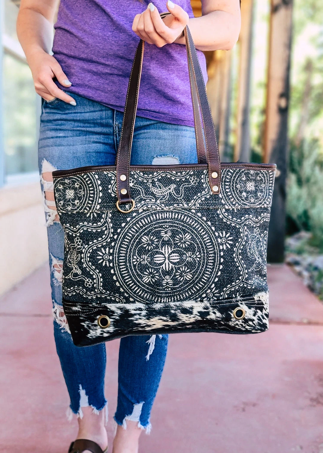 Myra Floral Pattern Cowhide Tote Handbag - MEGA SALE - Stylish & Durable Women's Bag 3 Myra >> MEGA SALE << Floral Pattern Cowhide Tote Handbag