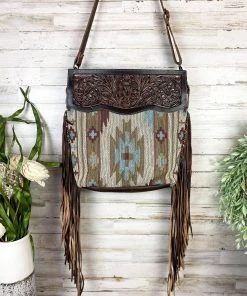 Myra Vintage Aztec Tooled Leather Fringe Handbag Handbags & Wallets