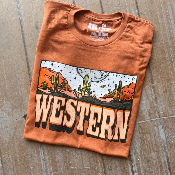 Thelattimoreclaim Harvest Orange Western Moon Graphic Tee - Premium Soft Cotton Tee for Men & Women 3 Thelattimoreclaim Harvest Orange Western Moon Tee Featured Graphic Tees