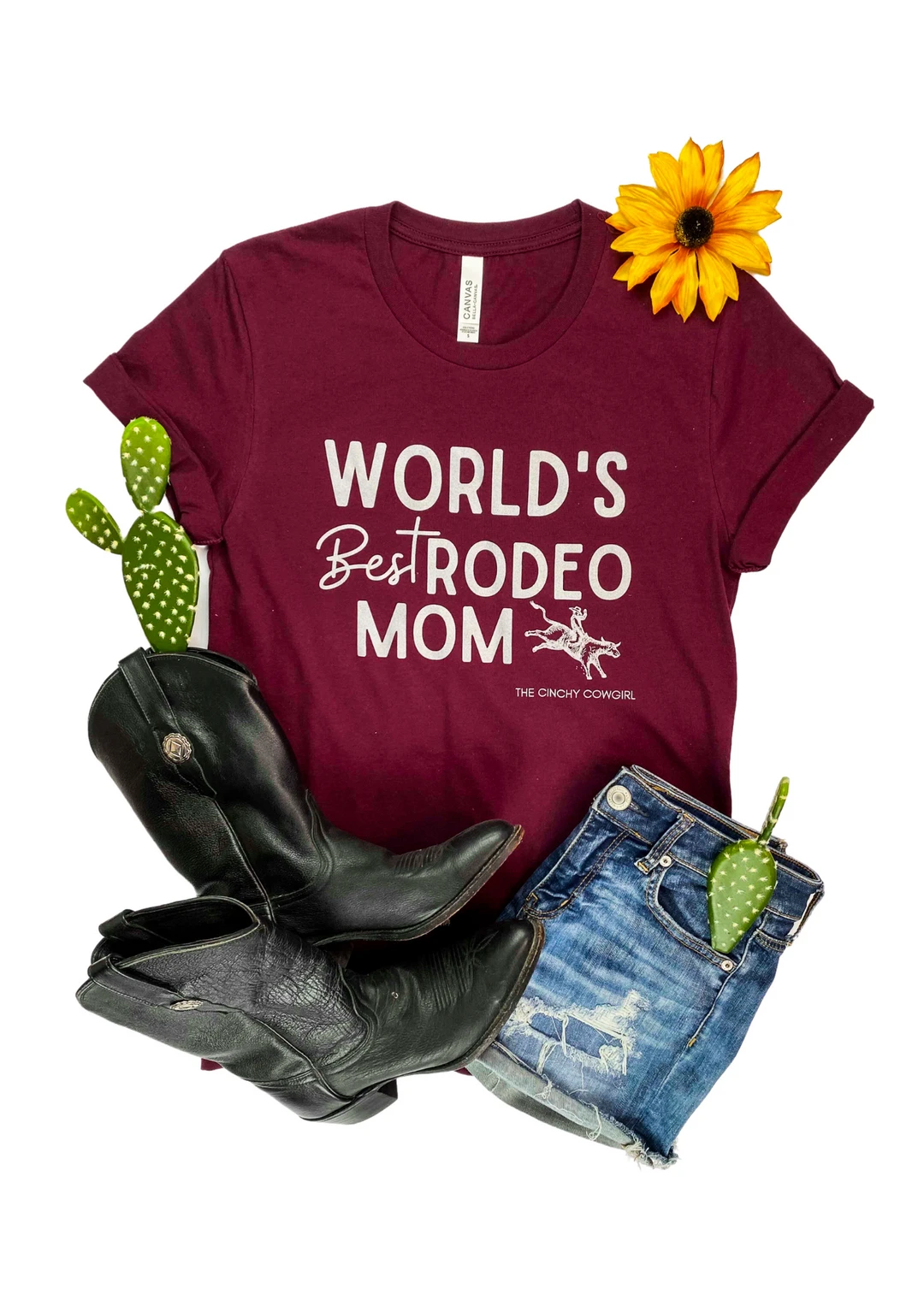 The Cinchy Cowgirl CLOSEOUT - Maroon World's Best Rodeo Mom T-Shirt | Clearance Sale 3 The Cinchy Cowgirl CLOSEOUT- Maroon World's Best Rodeo Mom Short Sleeve Tee