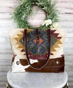 Myra Handbags & Wallets Yellow Multi Color Aztec Cowhide Tote Handbag