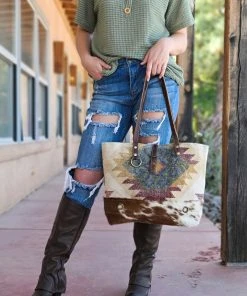 Myra Handbags & Wallets Yellow Multi Color Aztec Cowhide Tote Handbag