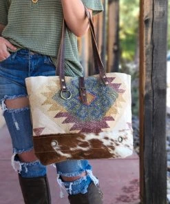 Myra Handbags & Wallets Yellow Multi Color Aztec Cowhide Tote Handbag