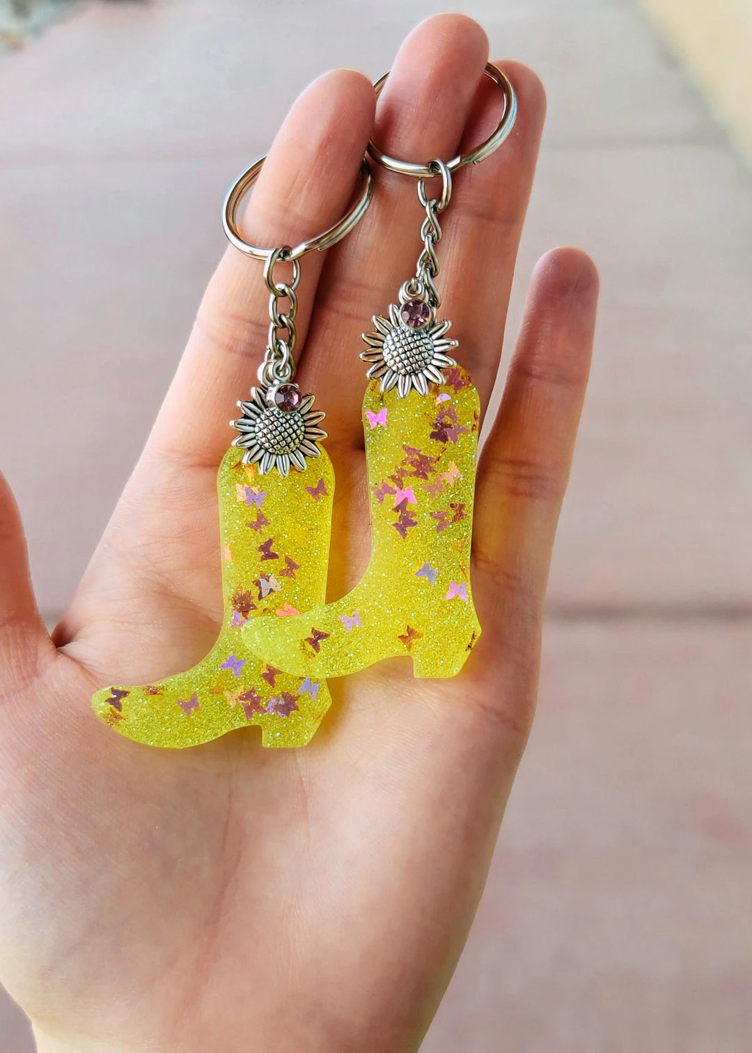 The Cinchy Cowgirl Yellow Butterfly Cowboy Boot Resin Keychain Set Of 2 | Unique Gift Accessory 3 The Cinchy Cowgirl Yellow Butterfly Cowboy Boot (Set Of 2) Keychain